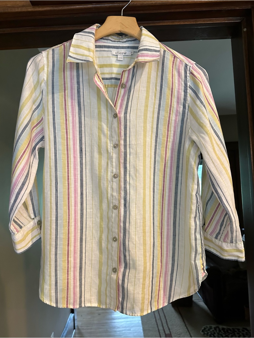 Chico's Pastel Multi-Striped Button-Down Linen Shirt